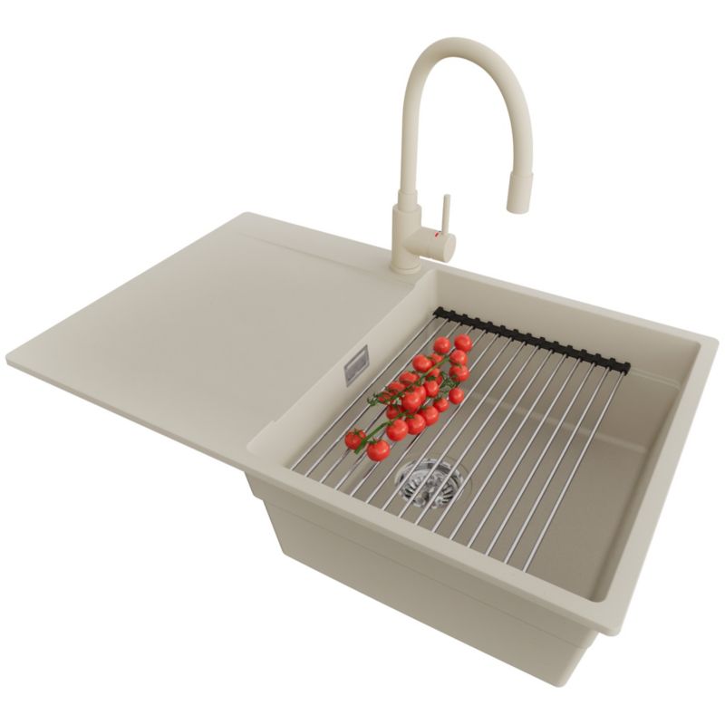 Zlewozmywak Granitowy San Francisco PRIMAGRAN Nablatowy 78x50cm, Beżowy + Bateria + Syfon + Akcesorium, S052, 1 szt.