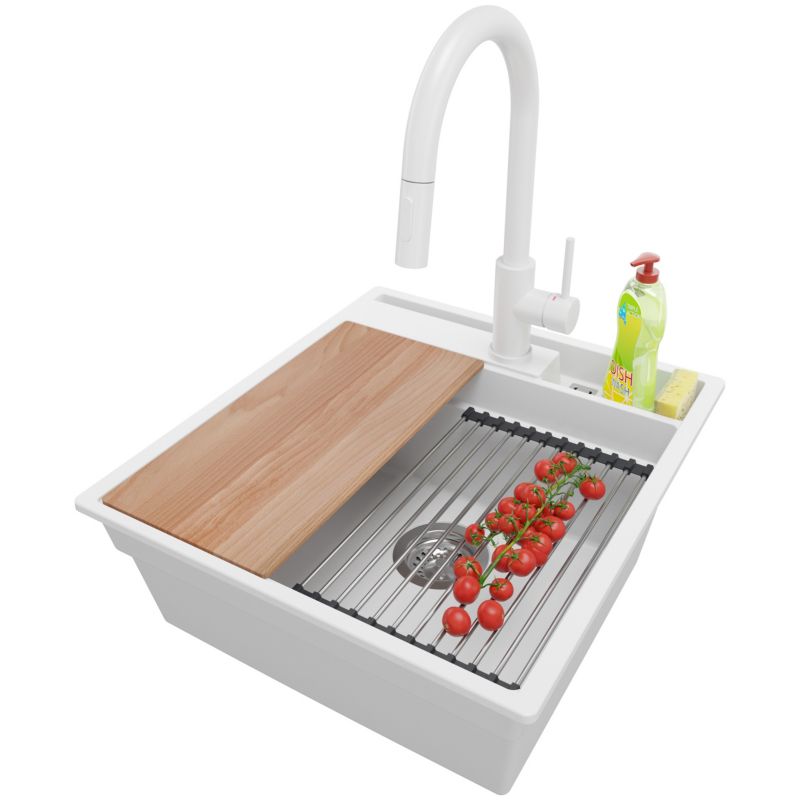 Zlewozmywak Granitowy Oslo Pocket PRIMAGRAN Nablatowy 48x53cm, Biały + Bateria + Syfon + Akcesorium, S166, 1 szt.