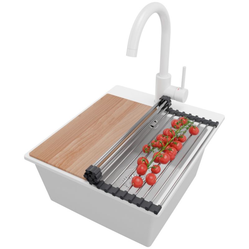 Zlewozmywak Granitowy Ryga Easy PRIMAGRAN Nablatowy 38x44cm do szafki od 40cm z Syfonem i Baterią i Dodatkiem Cały Biały 1 szt.