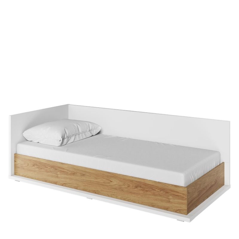 Łózko jednoosobowe Bettso Simi lewe z pojemnikiem na pościel i materacem dąb hikora biały 1szt.
