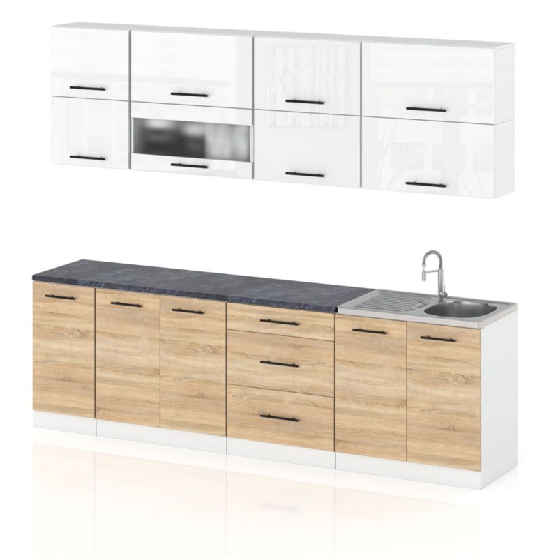 Zestaw Kuchenny Hurtownia-Mebli Z Blatem Kuchnia Robo Lux 260cm Biały Mat Biały Połysk/Dąb Sonoma 260x52x157 cm 1szt.