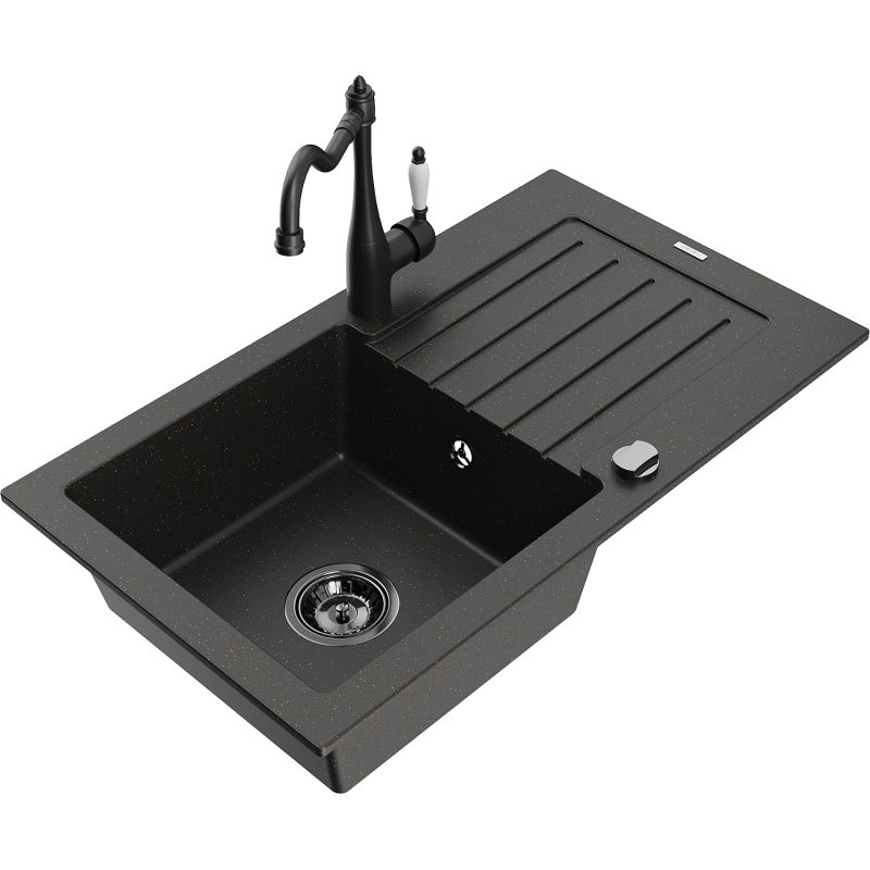 Zlewozmywak granitowy 1-komorowy Mexen Pablo z ociekaczem i baterią kuchenną Carla czarny/złoty metalik 6510-75-670700-70-B