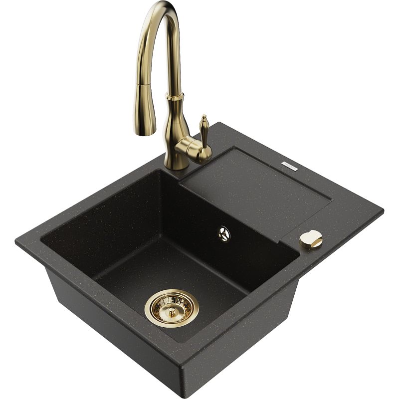 Zlewozmywak granitowy 1-komorowy Mexen Enzo z ociekaczem i baterią kuchenną Savita czarny/złoty metalik 6506-75-672601-50