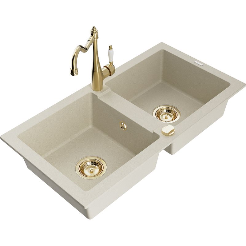 Zlewozmywak granitowy 2-komorowy Mexen Mario z baterią kuchenną Carla beżowy 6504-69-670700-50