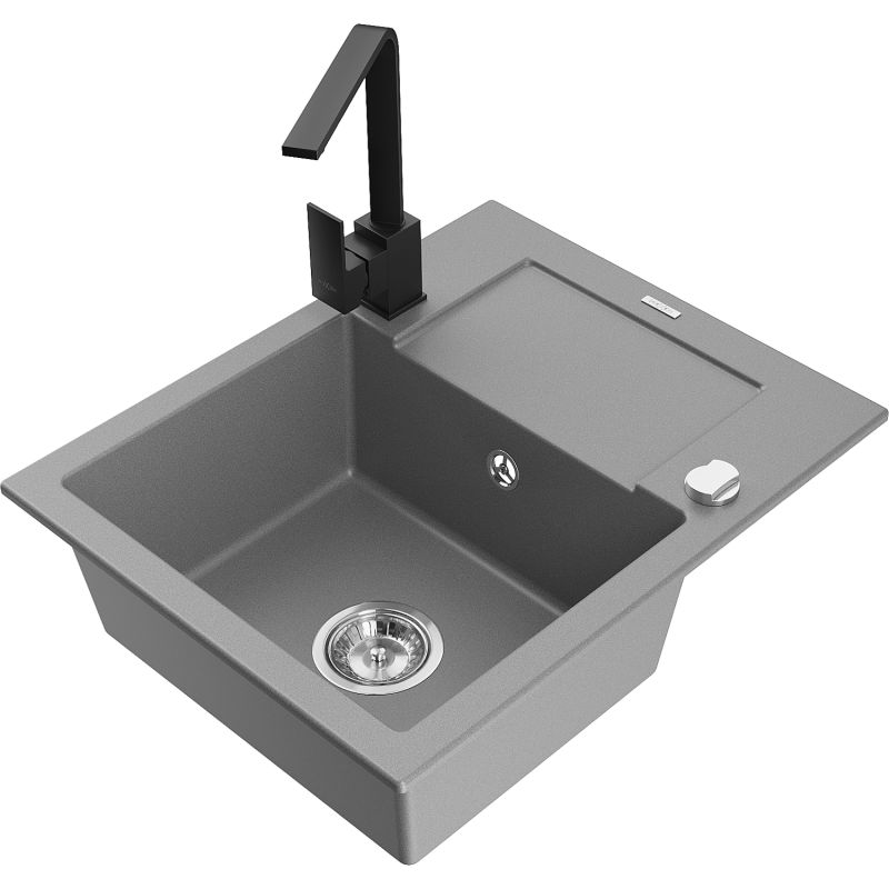 Zlewozmywak granitowy 1-komorowy Mexen Enzo z ociekaczem i baterią kuchenną Rita szary - 6506-71-670300-70-B 1 szt.