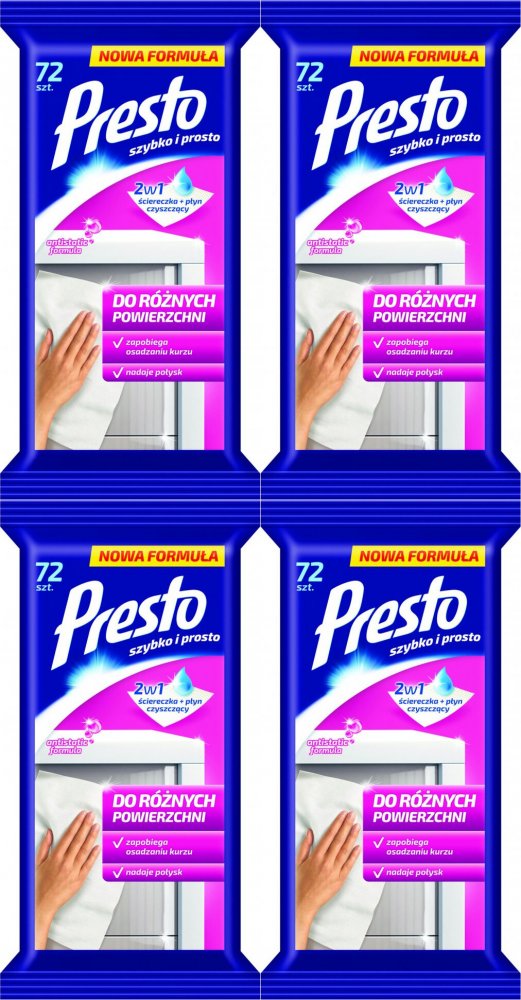 4x Chusteczki do czyszczenia różnych powierzchni Presto Clean, nawilżone, 72 sztuki