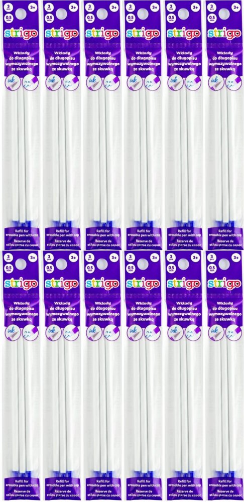 12x Wkład do długopisu wymazywalnego Strigo ze skuwką, 0.5mm, 3 sztuki, niebieski,