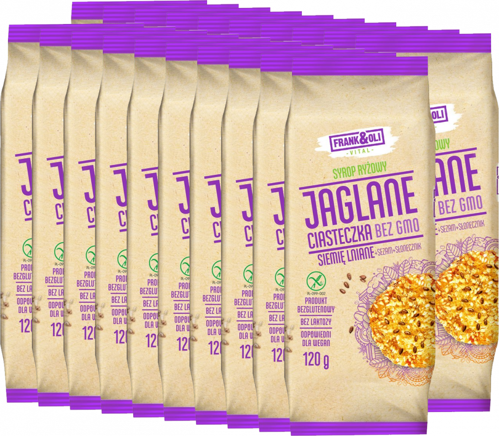 10x Ciasteczka jaglane Frank&Oli, bez GMO, z siemieniem lnianym, sezamem i słonecznikiem, 120g