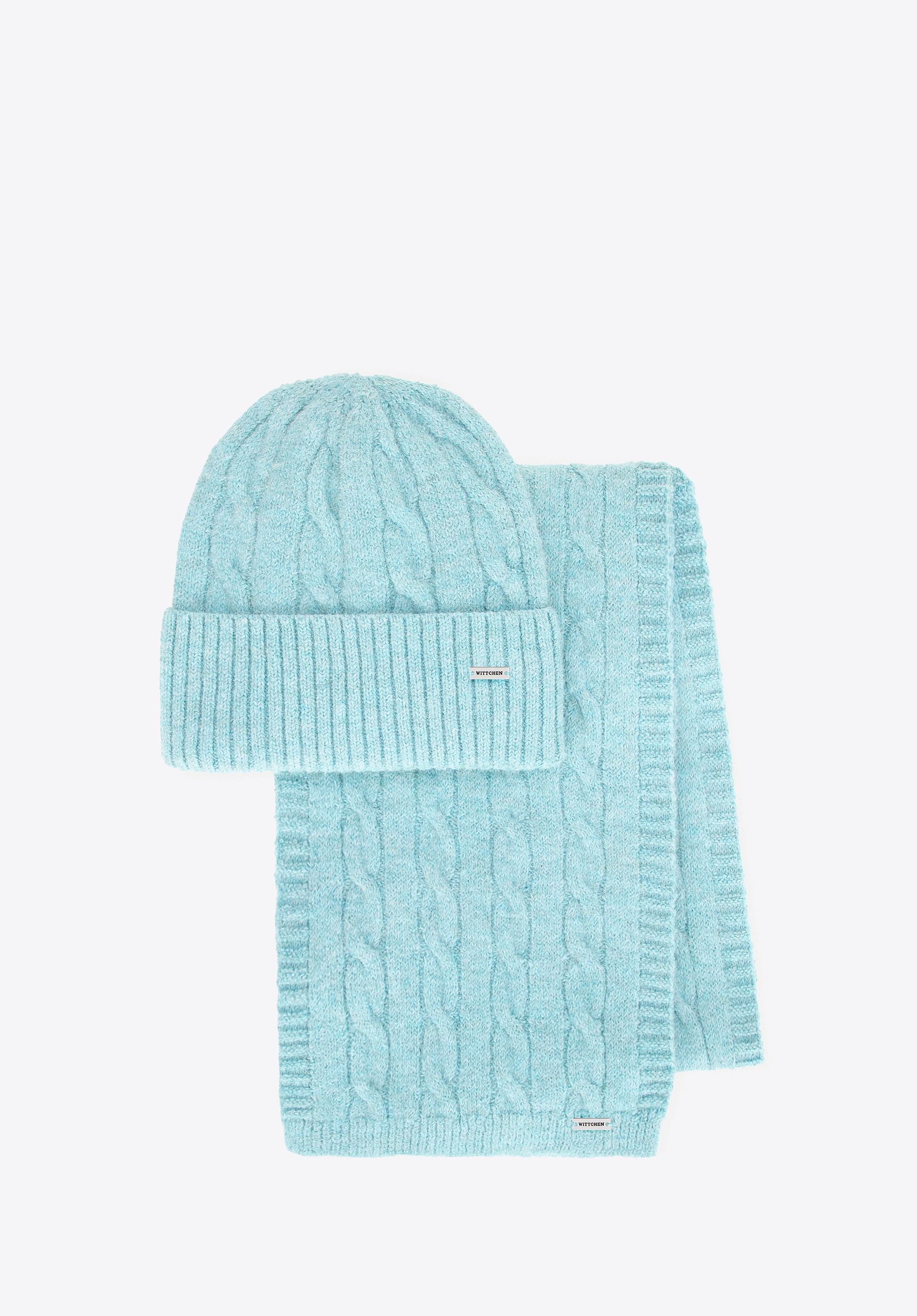 Komplet zimowy damski w warkoczowy wzór niebieski