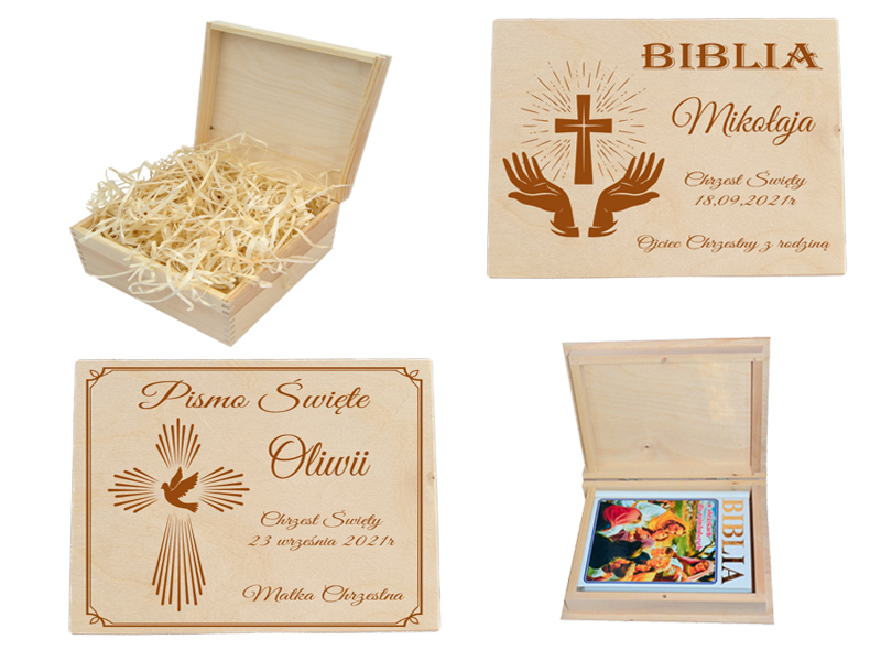 Drewniane pudełko na Biblię, pieniądze, kuferek wspomnień, prezent na Chrzest Święty.
