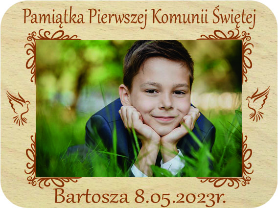 Pamiątka Pierwszej Komunii Świętej prezent dla Chrzestnych podziękowanie ramka na zdjęcie Komunia Święta, drewniana kartka z życzeniami IMIĘ grawer
