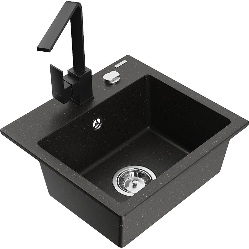 Zlewozmywak granitowy 1-komorowy Mexen Milo z baterią kuchenną Rita czarny/złoty metalik - 6505-75-670300-50-B 1 szt.