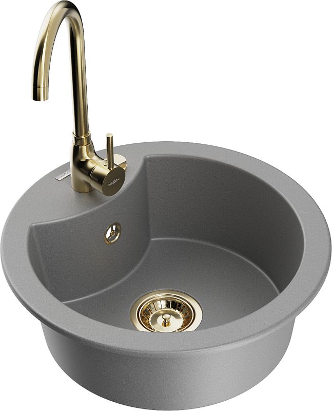 Zlewozmywak granitowy Mexen Diego 1-komorowy z baterią kuchenną Telma szary 6512-71-670200-50