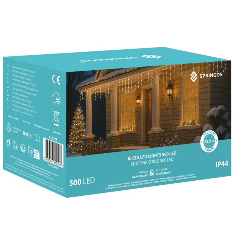 Kurtyna świetlna 500 led girlanda Springos lampki wewnętrzno-zewnętrzne sople niebieski 1 szt.