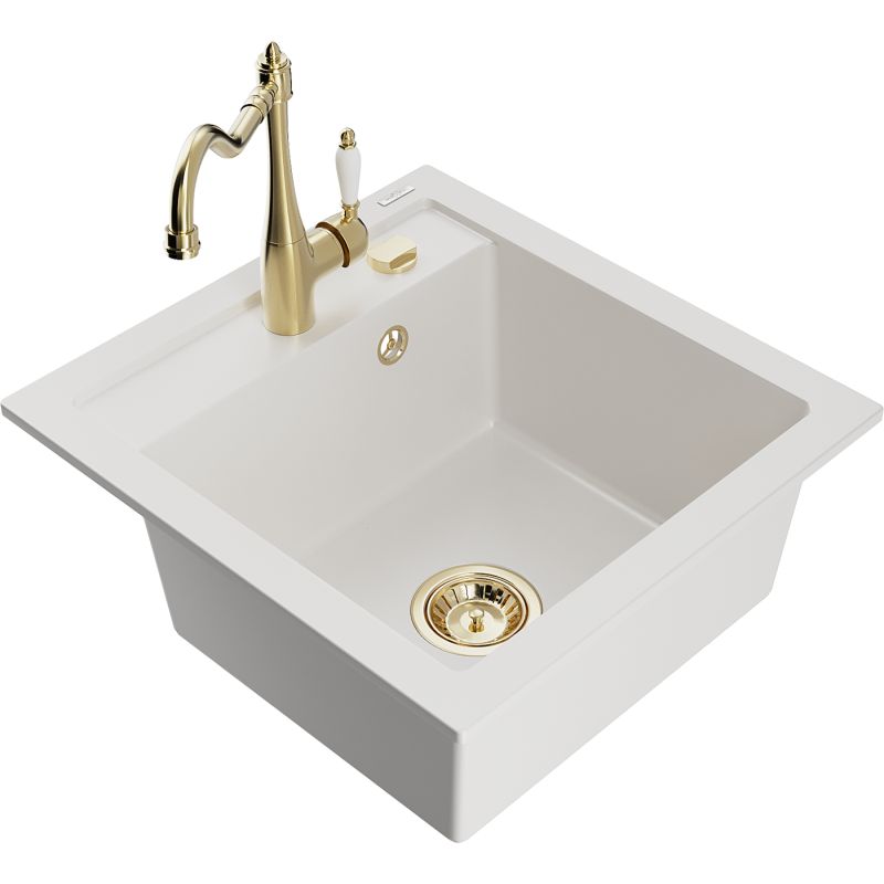 Zlewozmywak granitowy 1-komorowy Mexen Vito z baterią kuchenną Carla biały 6503-20-670700-50