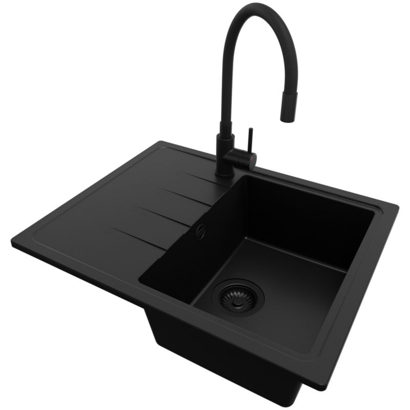 Zlewozmywak Granitowy Mediolan PRIMAGRAN Nablatowy 62x50cm do szafki od 40cm, Cały Czarny + Bateria 40x38cm + Syfon, S022, 1 szt.