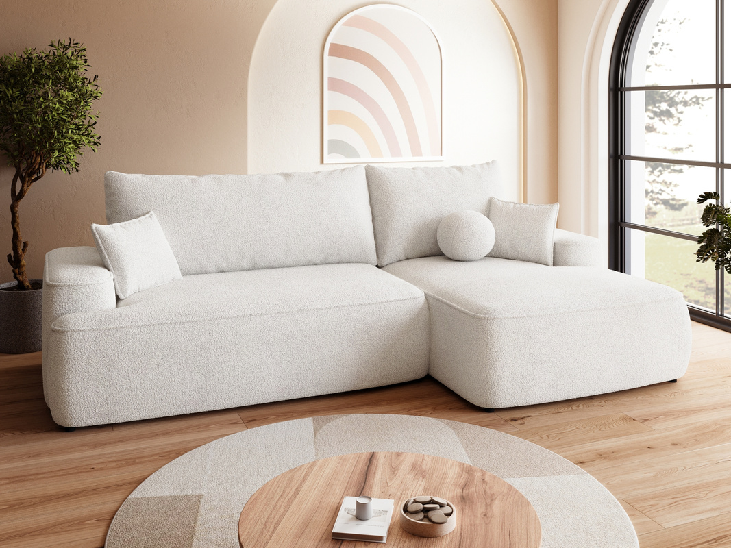 Beżowy narożnik z funkcją spania do salonu CARMELLO boucle