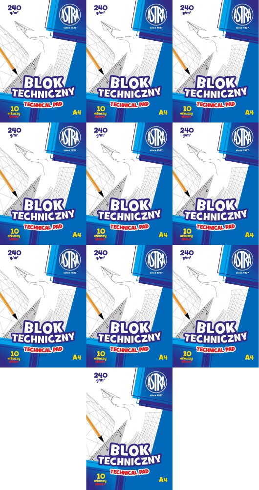 10x Blok techniczny Astra, A4, 240g, 10 kartek, biały