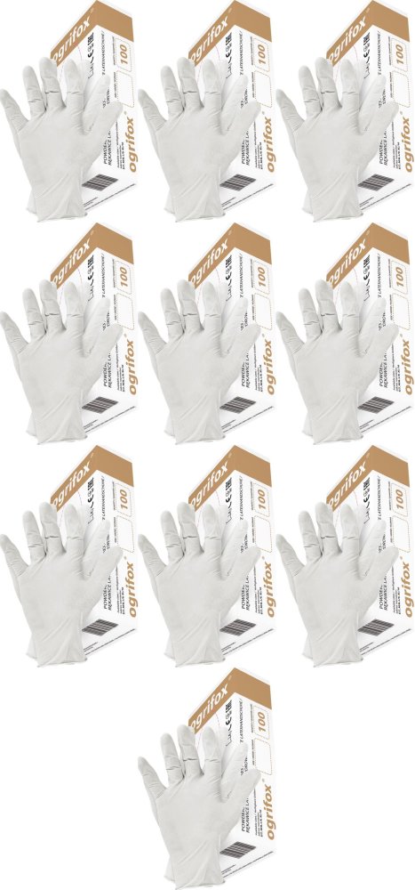 10x Rękawiczki lateksowe Ogrifox, rozmiar S, pudrowane, 100 sztuk, biały