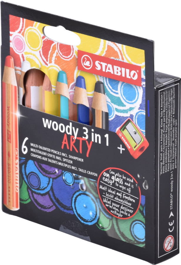 Kredki Stabilo Woody 3 w 1 Arty, z temperówką, 6 sztuk, mix kolorów