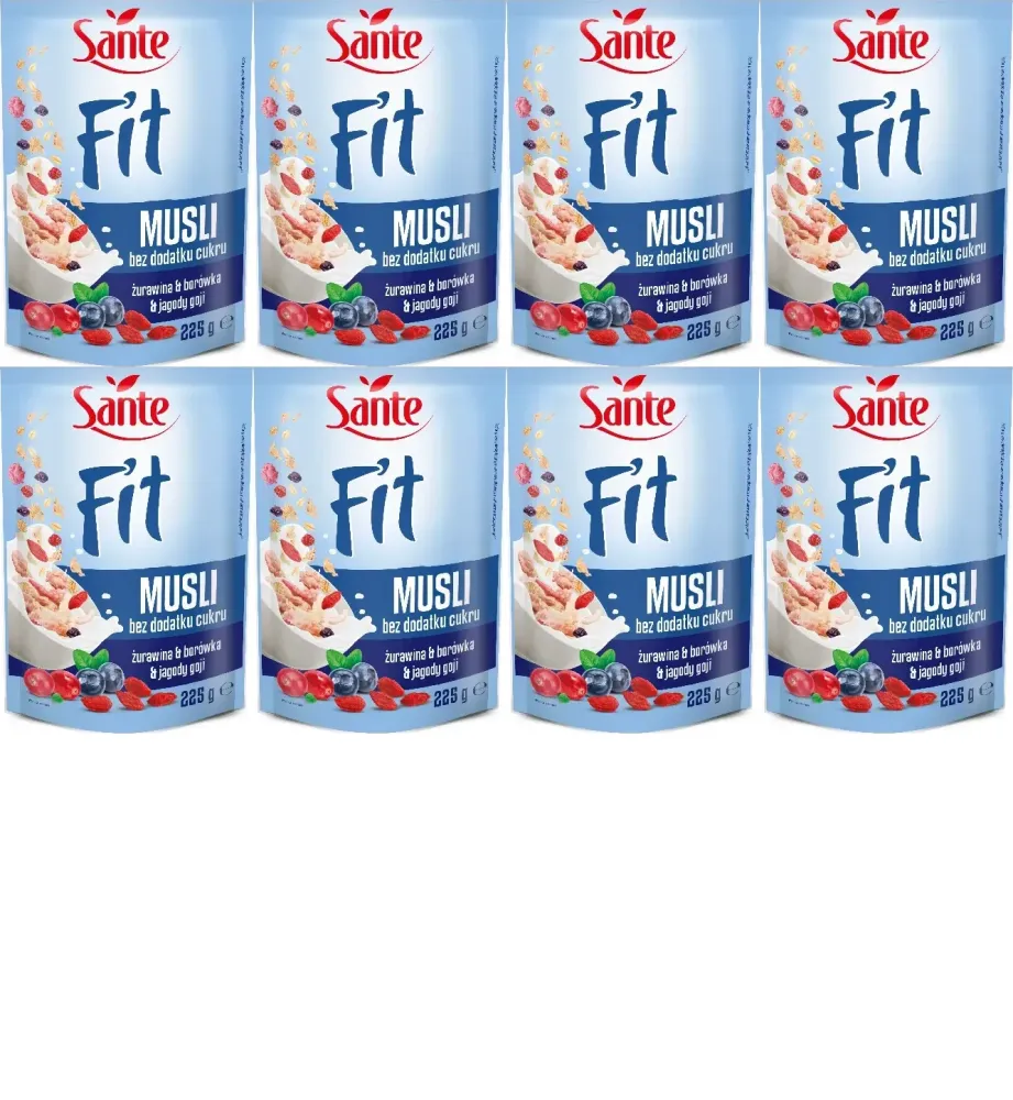 8x Płatki śniadaniowe Sante Fit, żurawina/borówka/jagody goji, bez cukru, 225g