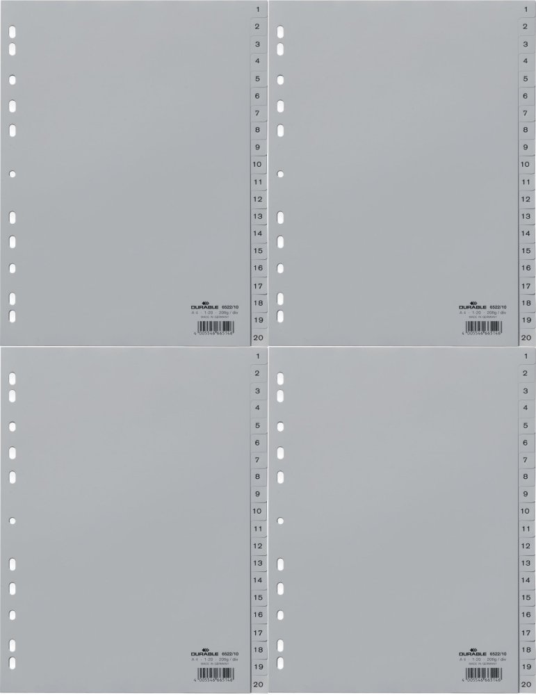 4x Przekładki do segregatora Durable, plastikowe, numeryczne, A4, 1-20 kart, szary