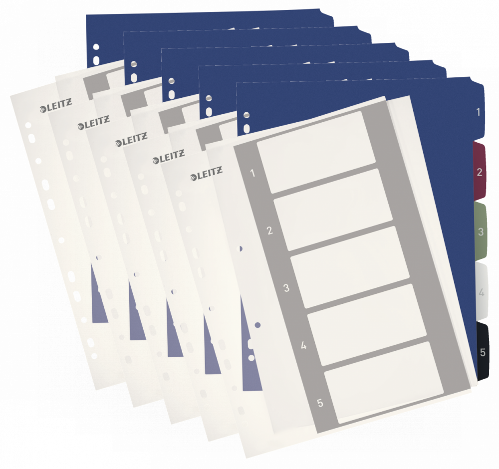 5x Przekładki do segregatora Leitz Style, plastikowe, numeryczne, do zadruku, A4+, 1-5 kart