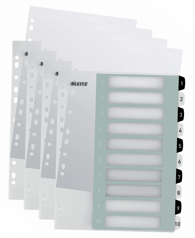 4x Przekładki do segregatora Leitz Wow, plastikowe, numeryczne, A4+, 1-10 kart, do zadruku, biało-czarny