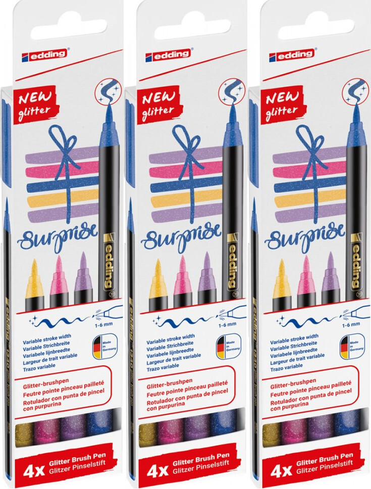 3x Pisak edding 134, z końcówką pędzelkową, 1-6mm, 4 sztuki, mix kolorów brokatowych