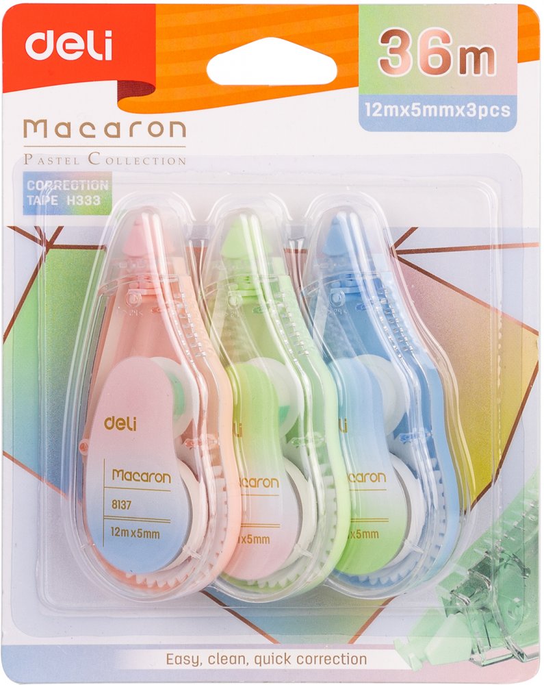 Korektor w taśmie Deli Macaron, 5mmx12m, 3 sztuki