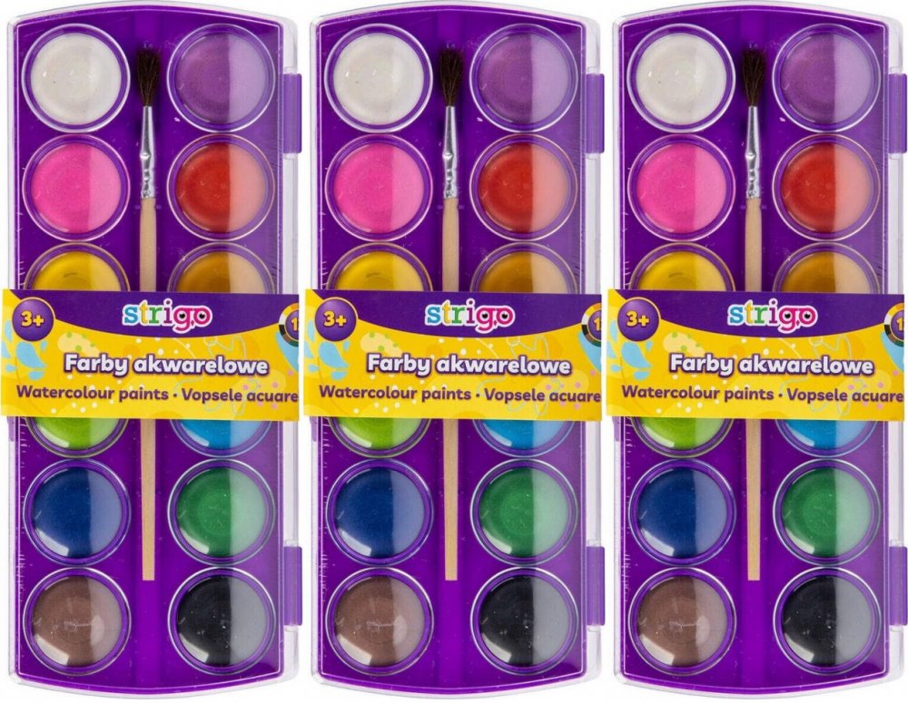 3x Farby akwarelowe Strigo z pędzelkiem, 12 sztuk, mix kolorów