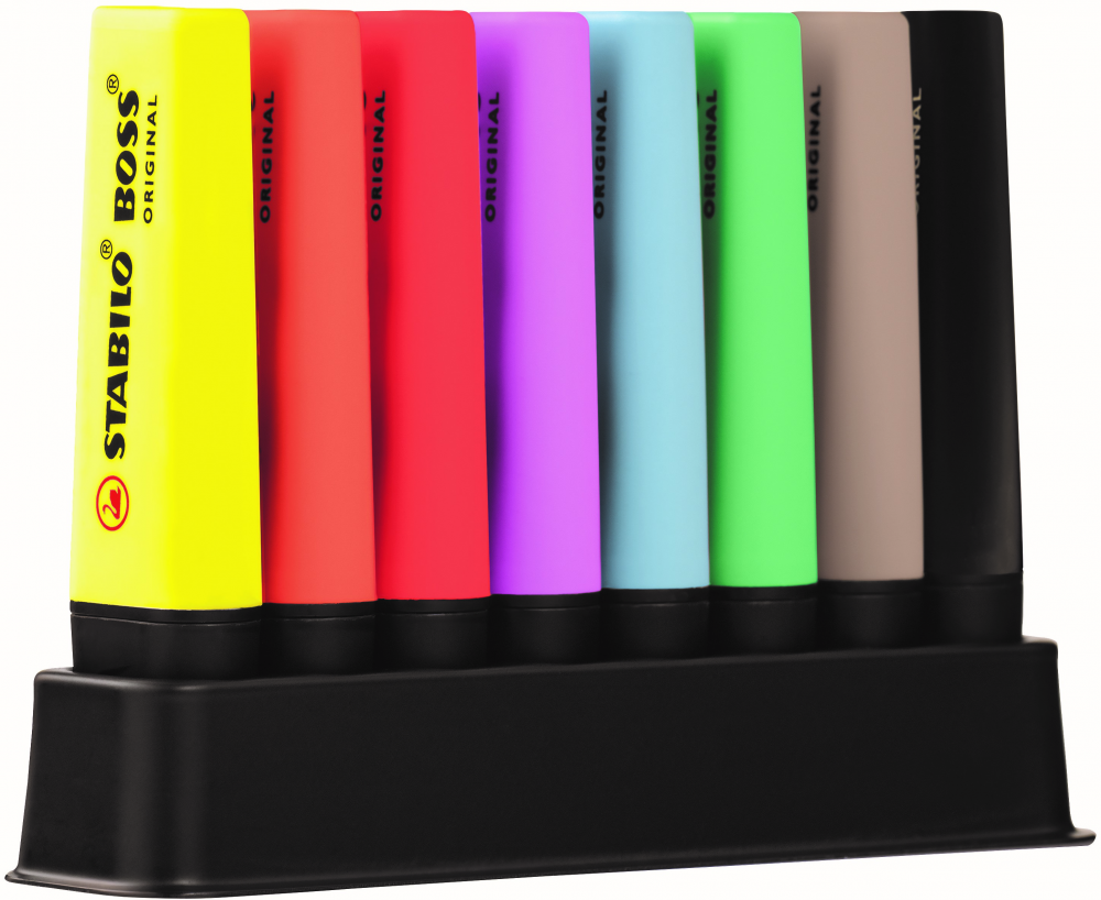 Zakreślacz Stabilo Boss Original, ścięta, 8 sztuk, podstawka, mix kolorów