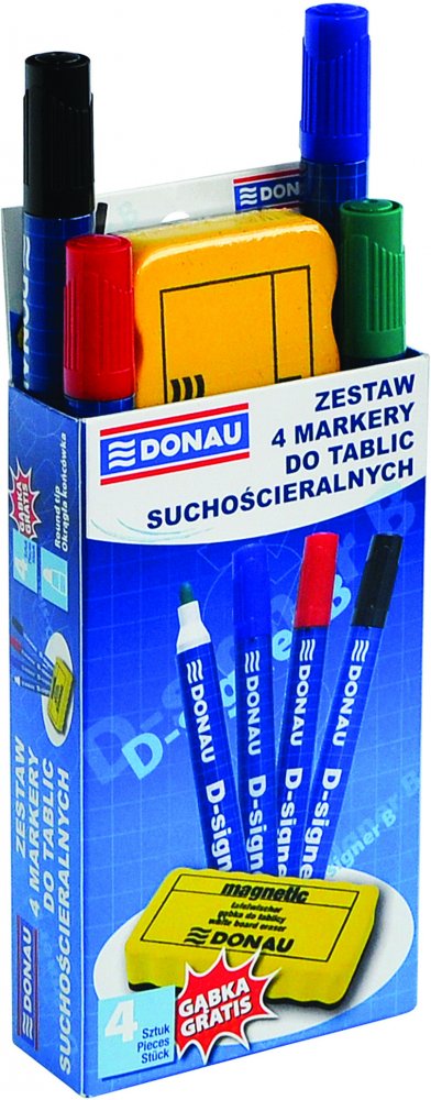 Marker suchościeralny Donau D-Signer B, okrągła, 4 sztuki + gąbka, mix kolorów