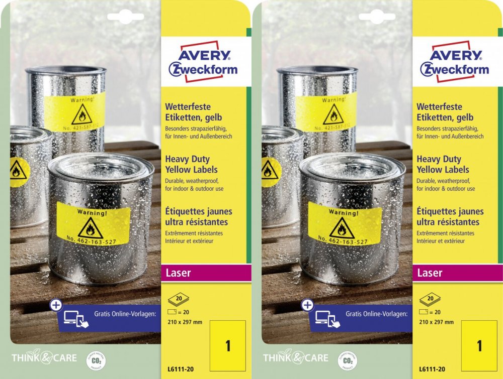 2x Etykiety specjalistyczne Avery Zweckform Heavy Duty, A4, 210x297mm, 20 arkuszy, żółty