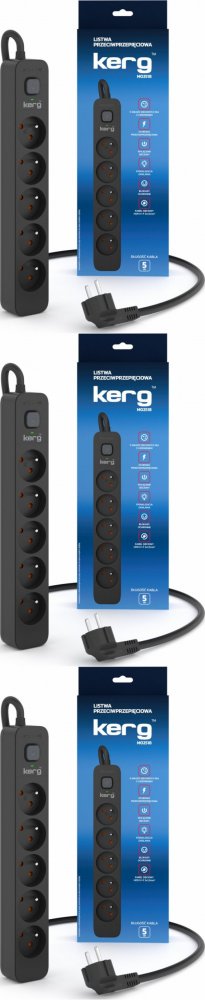 3x Listwa przeciwprzepięciowa Kerg, 5m, 5 gniazd, czarny