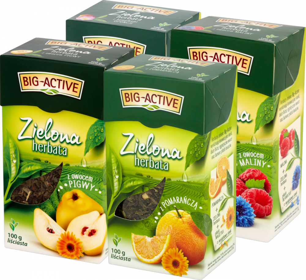 Zestaw 4x Herbata zielona smakowa liściasta Big-Active: z owocem pigwy + z owocem maliny + z kawałkami opuncji + z pomarańczą, 4x 100 g