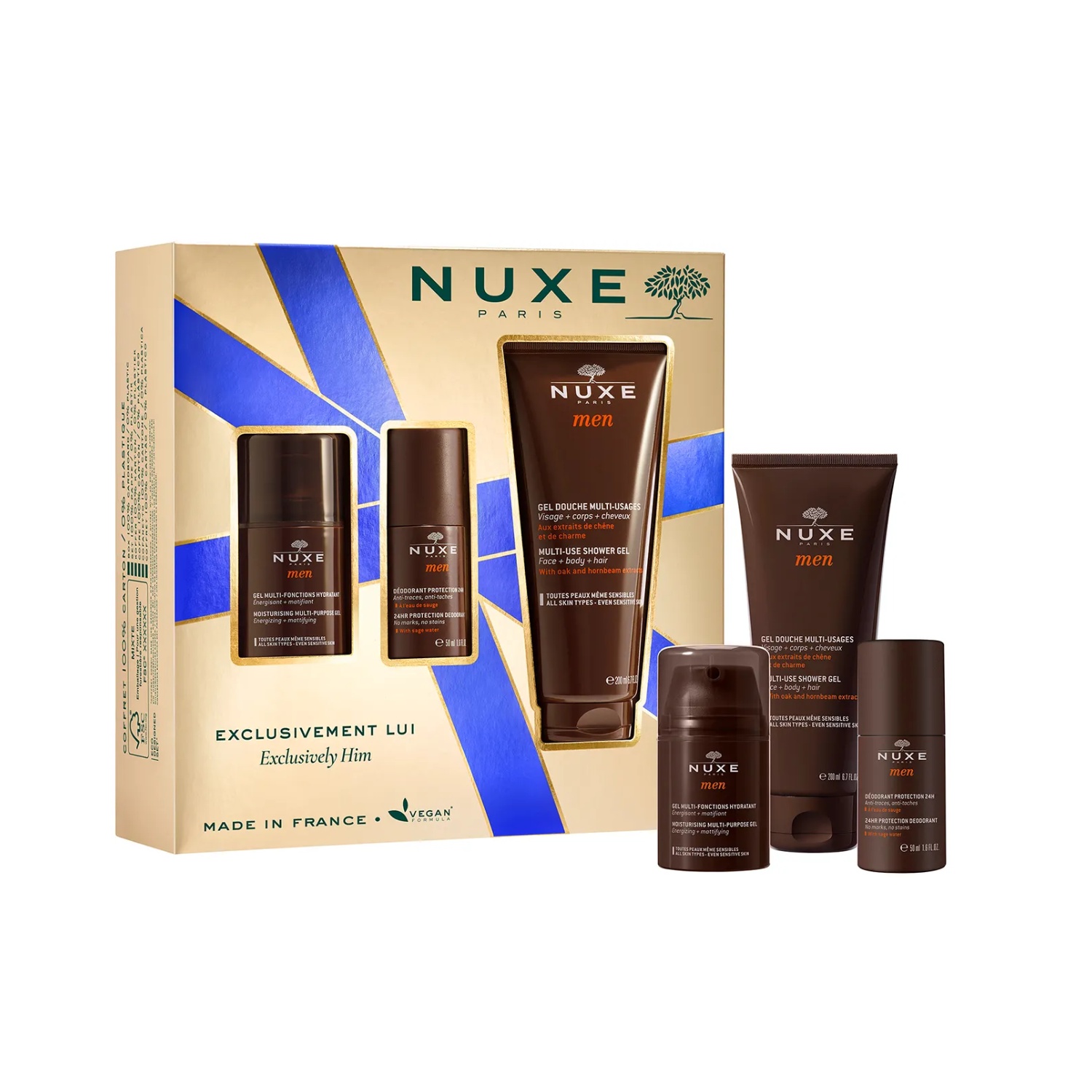 Nuxe men - zestaw, wielofunkcyjny żel nawilżający do twarzy 50 ml, dezodorant roll-on 50 ml, żel pod prysznic 200 ml, 1 komplet