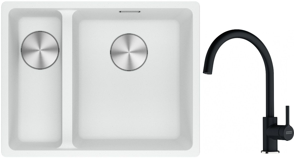 Franke Maris MRG 160-34-15SBL zlewozmywak 52x40 cm Fragranite biały polarny z baterią kuchenną Lina onyx (1250687271, 1150626020)