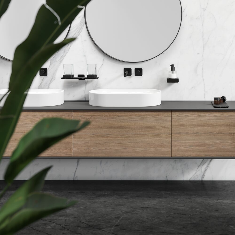 Geesa Shift półka szklana 30 cm z uchwytem na kubek podwójny szkło przezroczyste/efekt czarnego marmuru 919934-06-M6