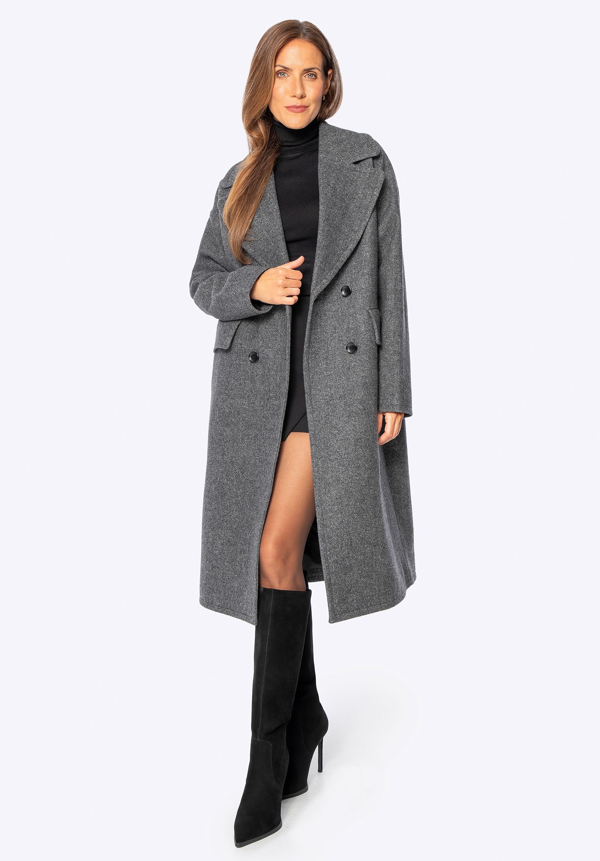 Damski płaszcz dwurzędowy z wełny i domieszką kaszmiru szary