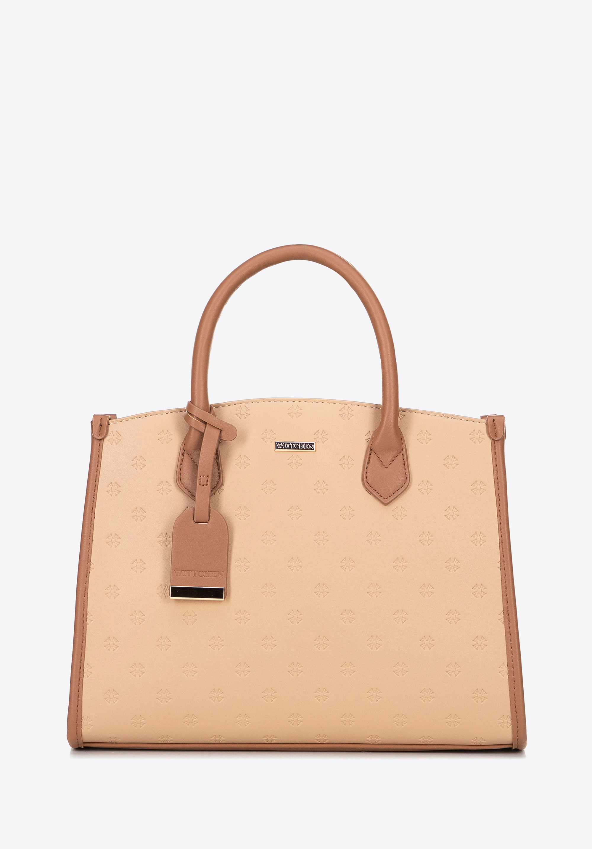 Damski kuferek z imitacji skóry w tłoczone logo beżowy