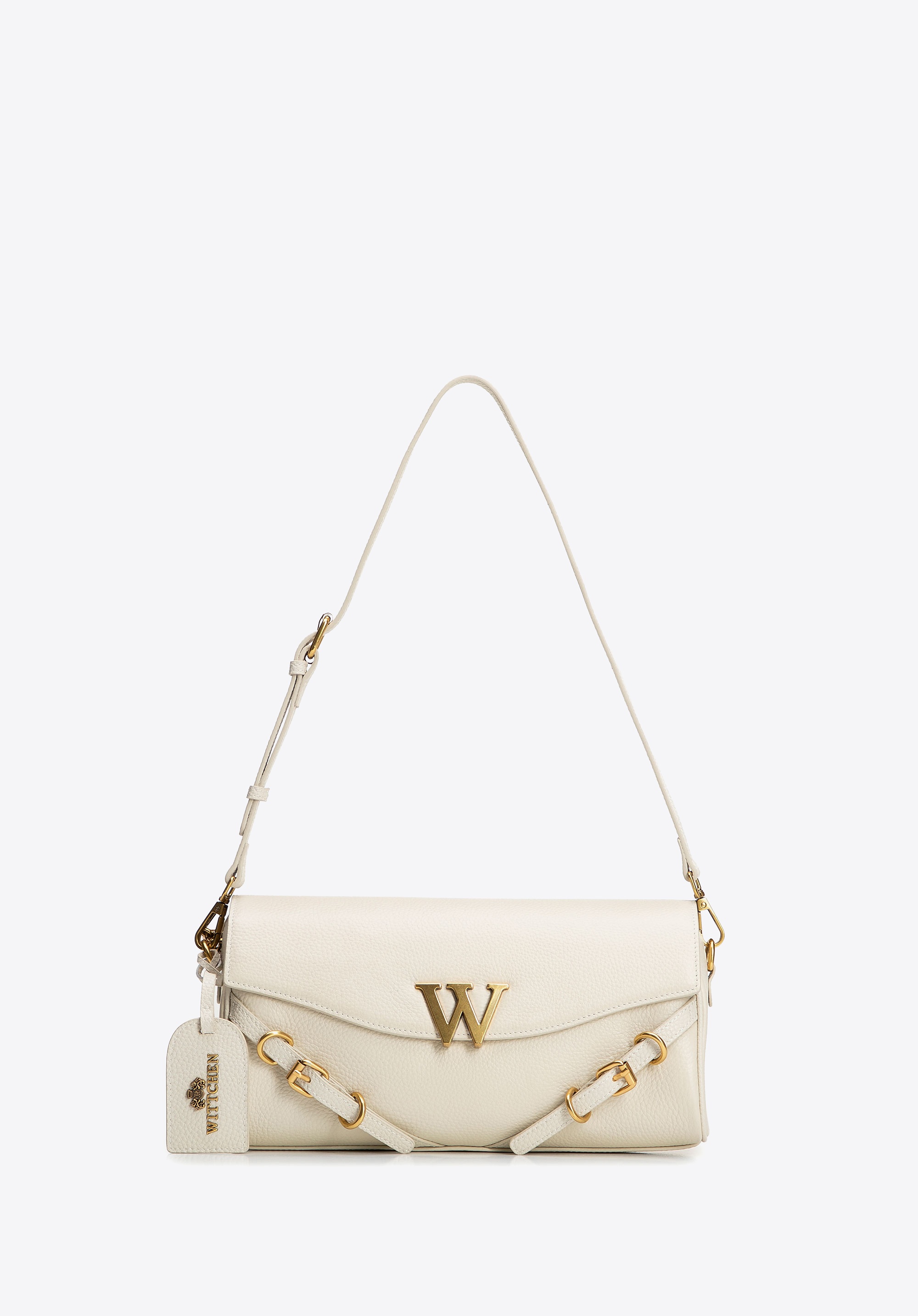 Torebka bagietka ze skóry naturalnej z ozdobnymi paskami kremowa