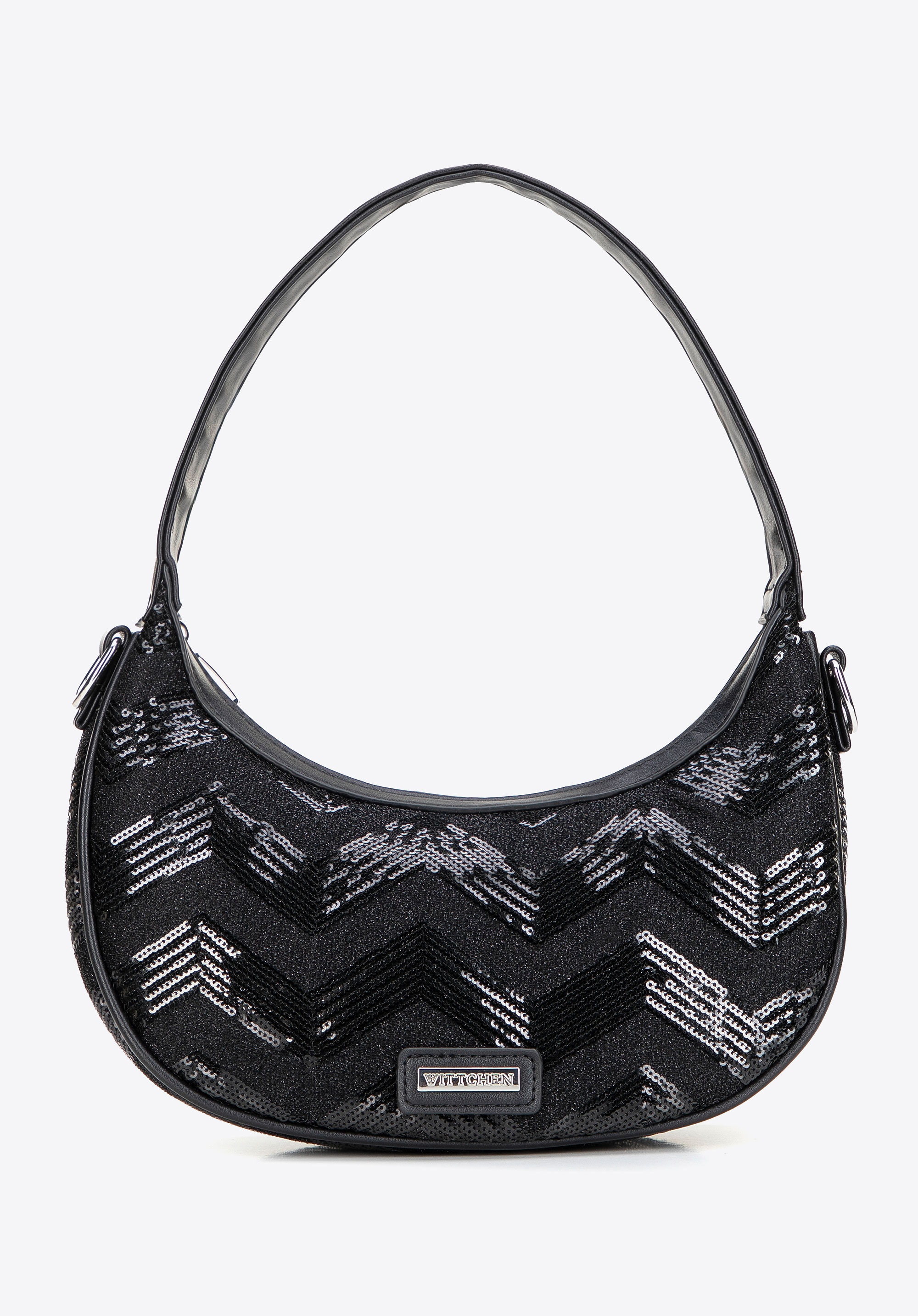 Półokrągła listonoszka z imitacji skóry z cekinami czarna