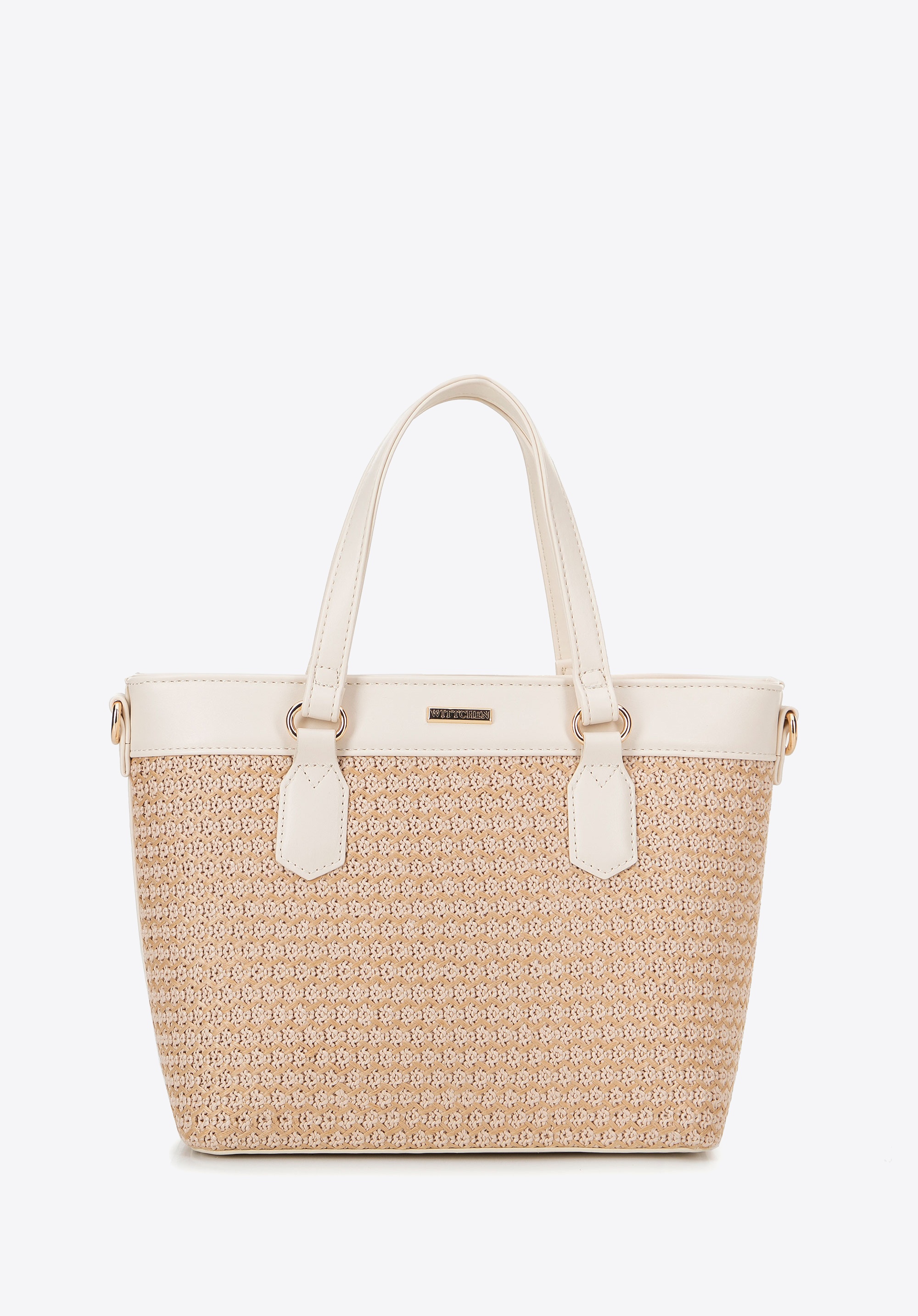 Damska torebka z ekoskóry i plecionki beżowo - kremowa
