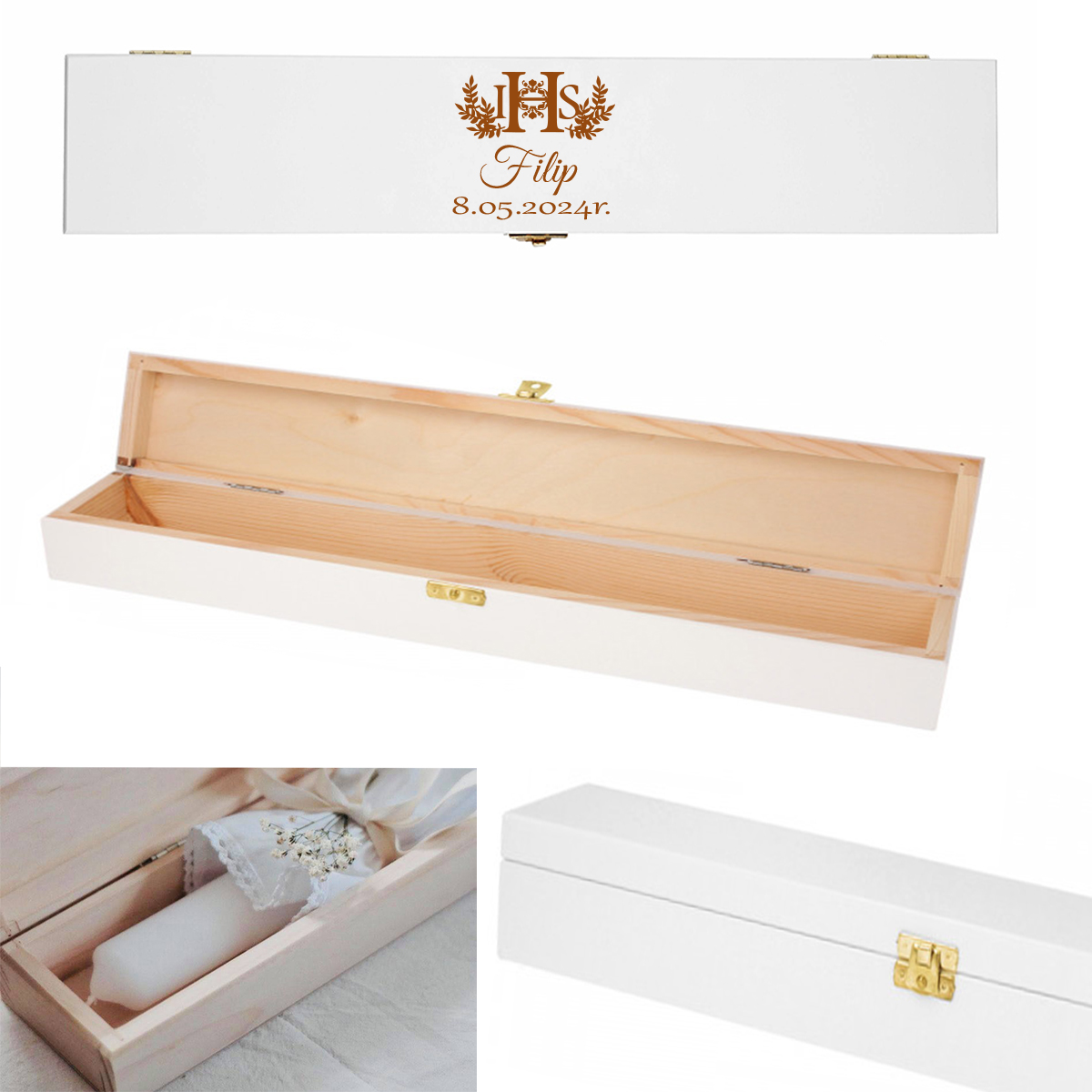 Pudełko drewniane na świecę na Komunię Świętą, kolor biały, grawer imię data napis