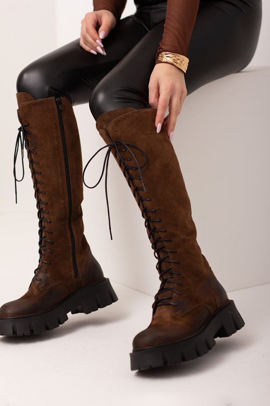 Kozaki damskie 77 - 4 Brąz pasowany welur