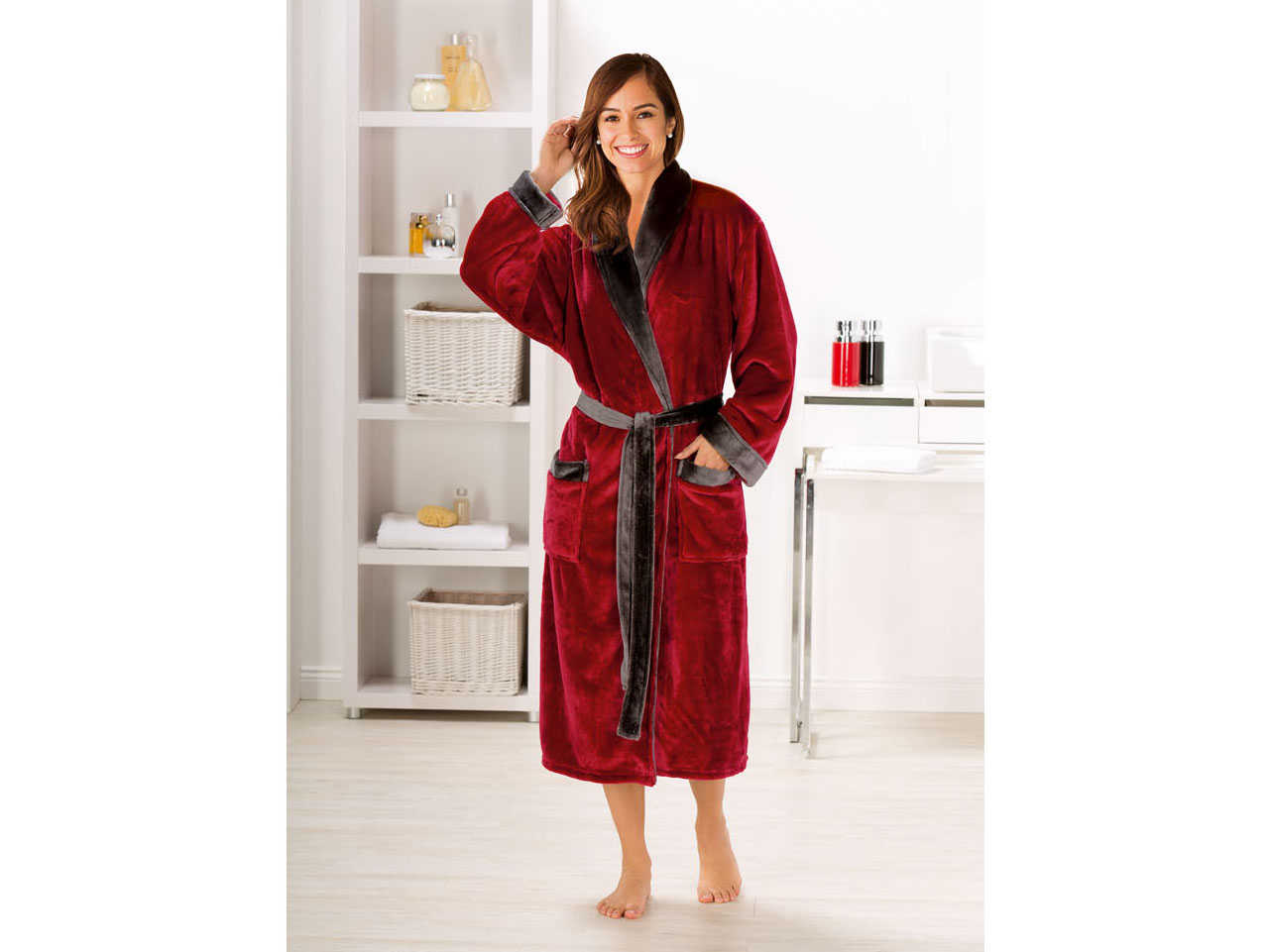Gözze Płaszcz kąpielowy damski/męski, jedwabisty w dotyku, z szalowym kołnierzem, 2 kieszenie i pasek Czerwony, M