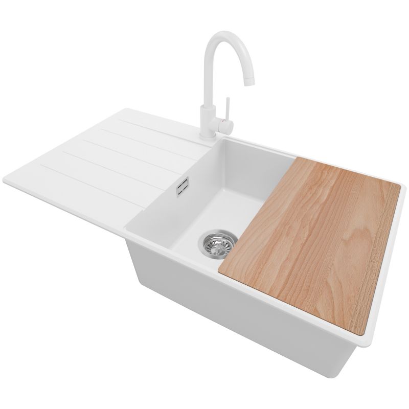 Zlewozmywak Granitowy Kopenhaga PRIMAGRAN Nablatowy 90x50cm do szafki od 60cm, Biały + Bateria + Syfon + Deska, S727, 1 szt.