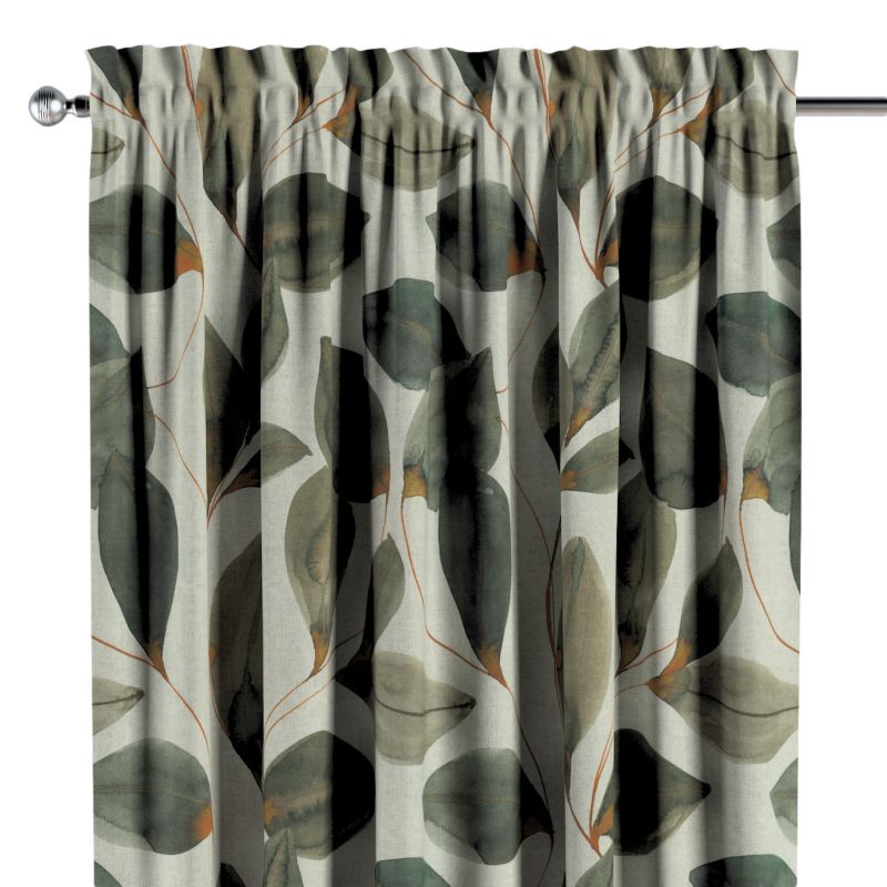 Zasłona na kanale z grzywką 1 szt. 130 x 260 cm Dekoria brązowo-pomarańczowe liście na szarym lnianym tle 1 szt.