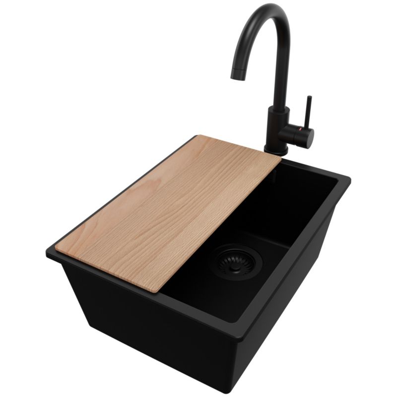 Zlewozmywak Granitowy Londyn Slim PRIMAGRAN Nablatowy 36x47cm do szafki od 40cm z Syfonem i Baterią i Dodatkiem Cały Czarny 1 szt.